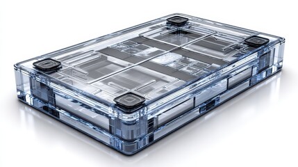 Blueprint-style 3D visualization of a high-efficiency perovskite solar panel in the context of minimalistic, featuring semi-transparent nanostructure layers and encapsulated charge transport.
