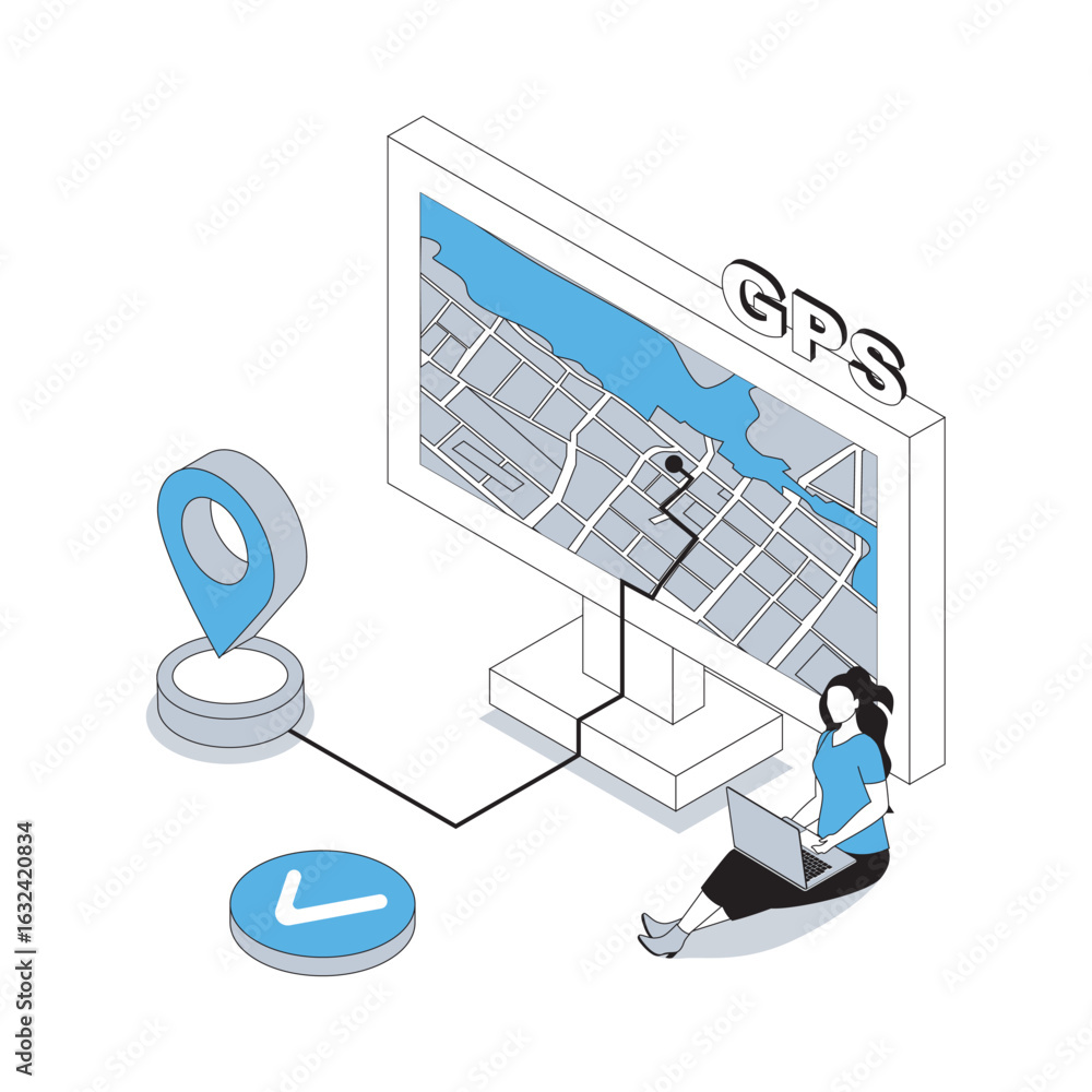 Poster gps navigation 3d isometric concept with isometry people design for web. woman using global position