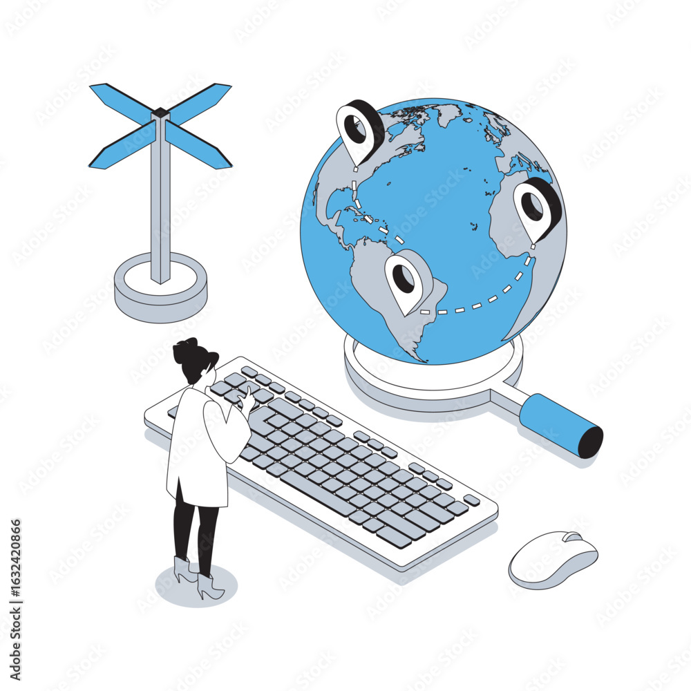 Aufkleber gps navigation 3d isometric concept with isometry people design for web. woman using global position