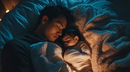 A father and baby sleeping peacefully together in bed under a warm blanket at nighttime light