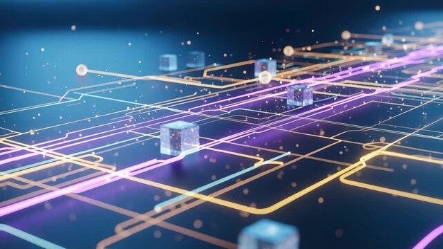Abstract Digital Network: Glowing Data Stream and Cubes Flowing Through Circuitry