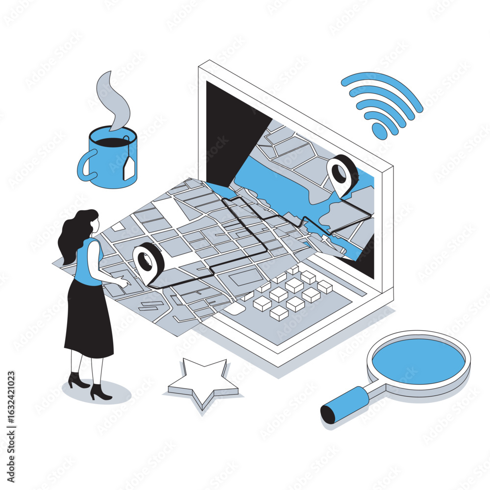 Poster gps navigation 3d isometric concept with isometry people design for web. woman using global position
