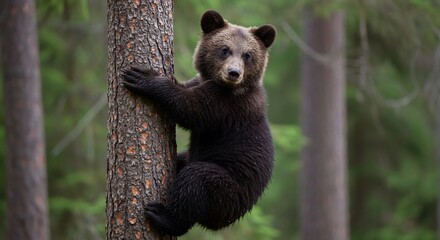 Fototapeta premium Young brown bear climbs tree softly dappled sunlight filters through leaves. AI Generated