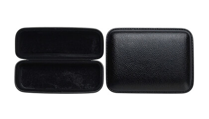 Black leatherette glasses case, open and closed, for eyewear protection on transparent background