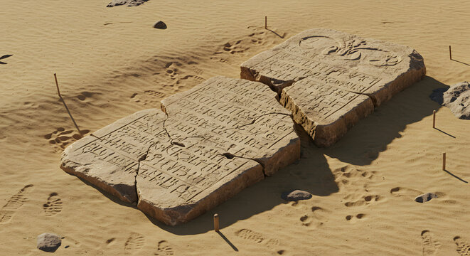 Ancient stone tablets carved with hieroglyphs sit broken in a sandy desert landscape