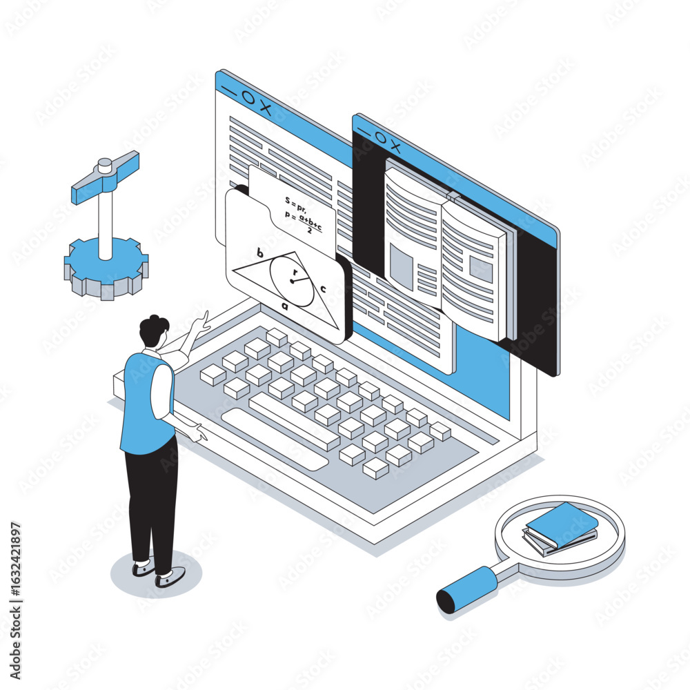 Poster online education 3d isometric concept with isometry people design for web. man reading math books an