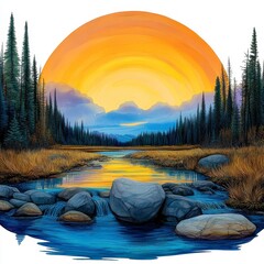 Serene Sunset Landscape Painting Tranquil River and Mountain Valley