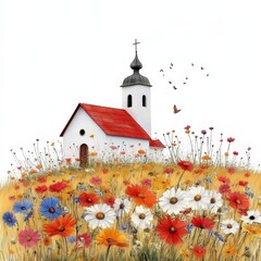 Serene White Church Amidst Vibrant Wildflower Field