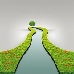 Serene Winding River Landscape Illustration with Green Banks and Orange Flowers