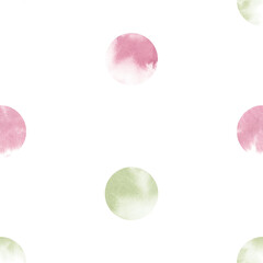 Pink and green circles seamless pattern watercolor illustration. Vintage geometric ornament with watercolor blurry spots. Scandinavian minimalist ornament in delicate girly colors