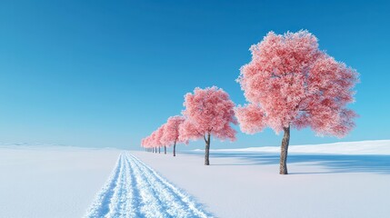 Serene Winter Landscape Pink Snow Covered Trees and Pathway