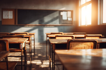 Sunlit classroom with empty desks evokes nostalgia and learning, perfect for education campaigns and back to school themes for impactful visuals