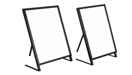 Two black metal framed signs for advertising, marketing, or display on transparent background