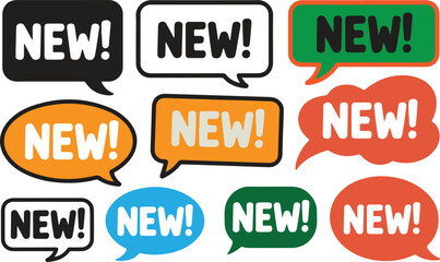 Collection of New Word Speech Bubbles in Various Colors and Shapes announcement message