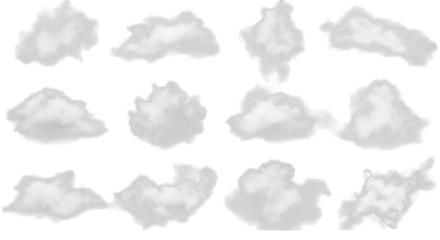 Fluffy white cloud formations float against a stark black background in soft ethereal digital art.