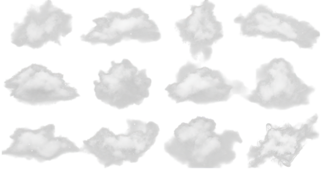 Fluffy white cloud formations float against a stark black background in soft ethereal digital art.