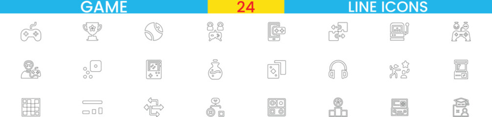 Game Line Icons Set, 24 Minimalist Vector Icons, Gaming, Entertainment, Gamer Symbols, Game Controls