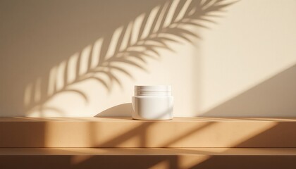 White cosmetic container on a minimalist stage bathed in soft sunlight with palm leaf shadows