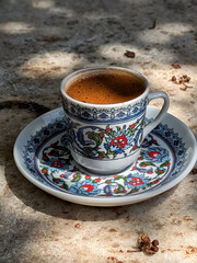 Traditional Turkish Coffee cup on stone table in sunny day with hard shadows, Istanbul Turkey