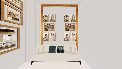 Collection of Modern Architectural Renderings and House Plans Displayed Above a Couch