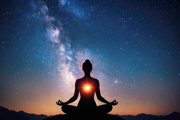Silhouette of a person meditating under a starry sky with a glowing heart at sunset