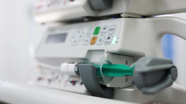 Close-up of an infusion pump in the operating room. Concept of precision and control in the medical procedure.