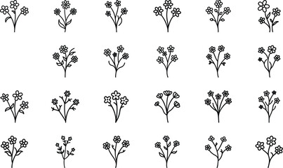 Fototapeta premium Silhouette bundle of fern leaves and flower combinations on white background for design, decoration, and digital art
