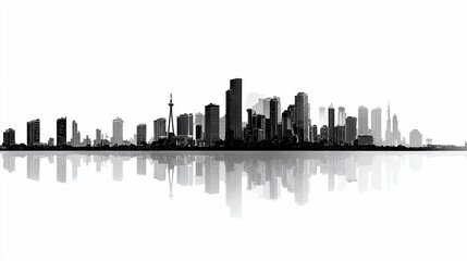 Naklejka premium Silhouette of a modern city skyline reflected on water