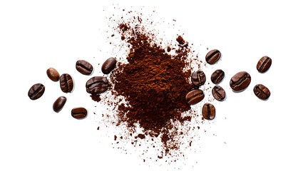 Coffee Beans and Ground Coffee Explosion on White Background Top View Perfect for Coffee Lovers and Businesses