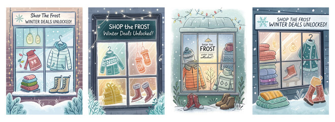 Set of four posters featuring illustrated shop windows with winter apparel and festive decorations
