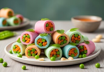 Close up of colorful vegetable rolls filled with peas and carrots served on a white plate in a restaurant