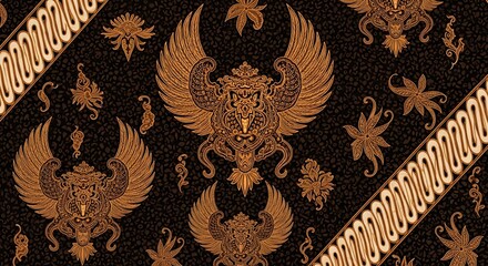 Close-up detailed shot of a repeating Indonesian batik pattern featuring brown Garuda birds and floral motifs against a dark background, showcasing intricate traditional