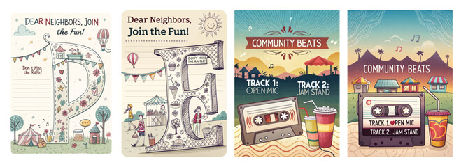 Set of four posters featuring a neighborhood event with music, open mic, jam stands, and activities