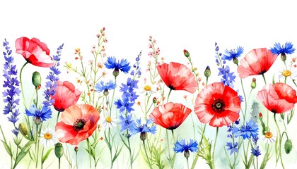 Watercolor Meadow: Poppies, Cornflowers, and Lavender in a Floral Border