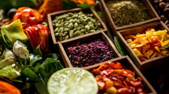 Assorted Spices and Herbs in Wooden Boxes