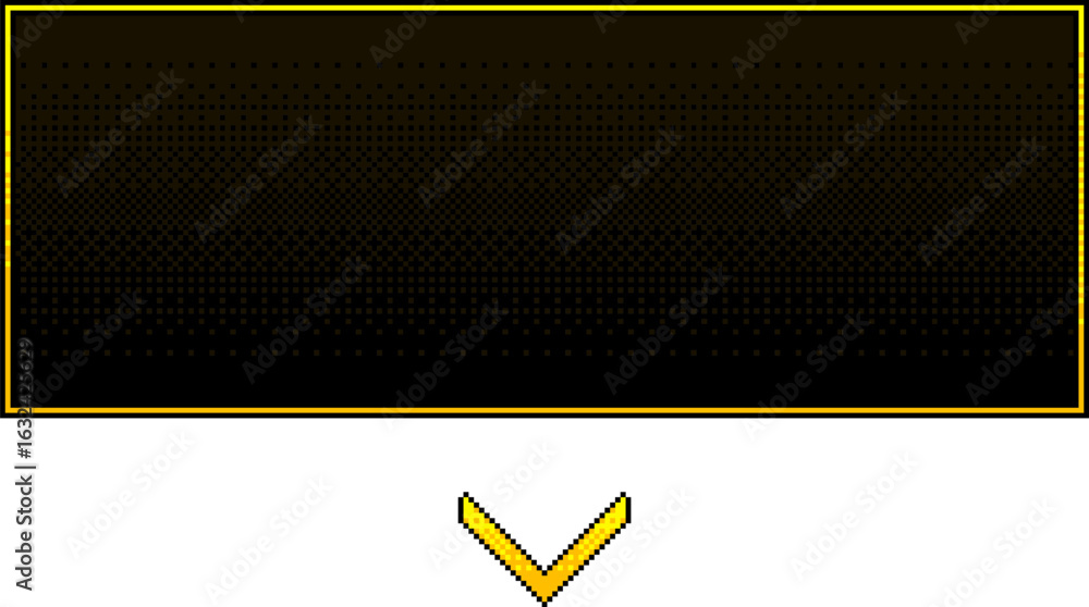 Poster vector pixel art frame with gradient texture and downward arrow. stylized retro interface element fo
