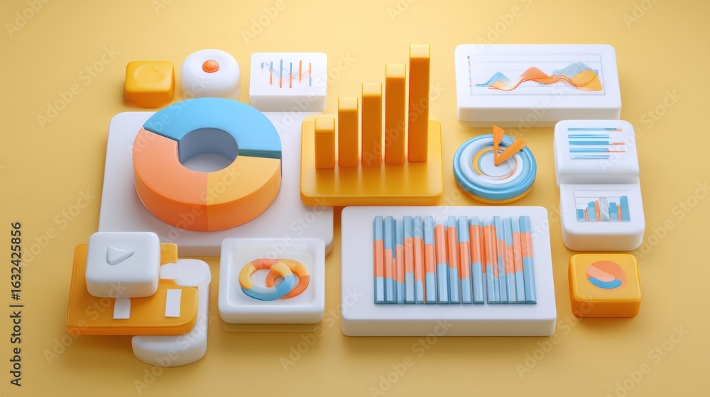 Fototapete data analysis concept 3d illustration. icon composition with statistics on charts and diagrams at si