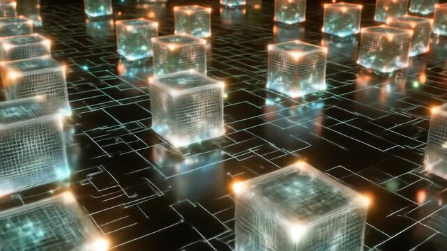 Abstract digital cubes with glowing interior on a grid network