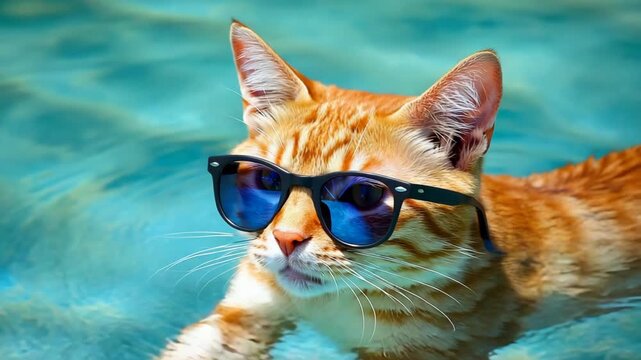 Cat enjoys a relaxing swim in sunglasses at the pool