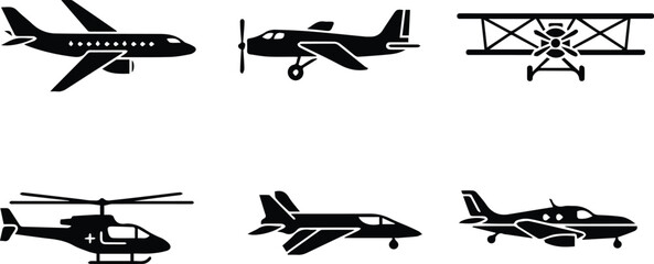  collection of diverse airplane icons, including jet, helicopter, and biplane, representing air travel and aviation isolated on white background