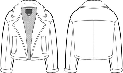 Shearling jacket technical drawing, wide collar, quilted lining, front and back view, winter wear, garment design, fashion sketch, clothing template, apparel illustration