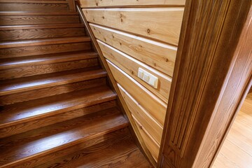 staircase with brown wooden steps. The wall is paneled with light wood, featuring a light switch