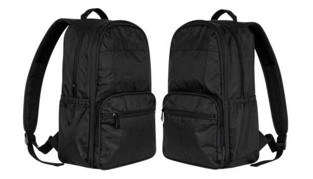 Two black backpacks, travel bags for school, hiking on transparent background