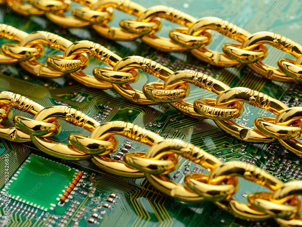 Aufkleber golden chain links on a circuit board representing blockchain technology and security