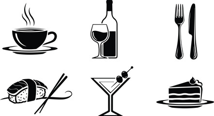  collection of food and drink icons, isolated on white background, featuring coffee, wine, sushi, cocktail, cake, and utensils in a minimalist design