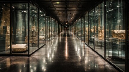 Obraz premium Long museum hall, glass display cases, ancient artifacts