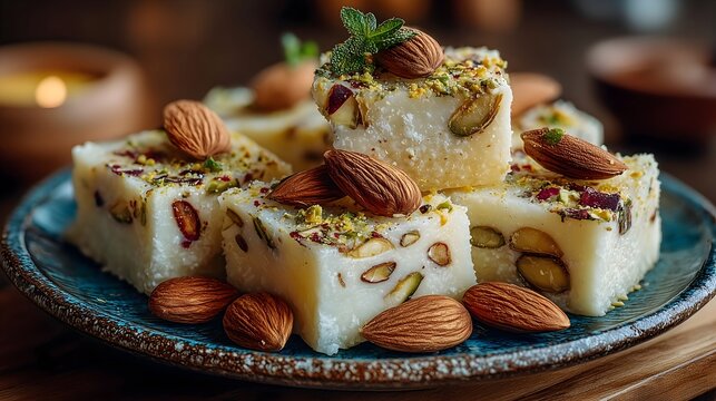 Delicious burfi dessert served on a vibrant plate with nuts and spices for a festive occasion