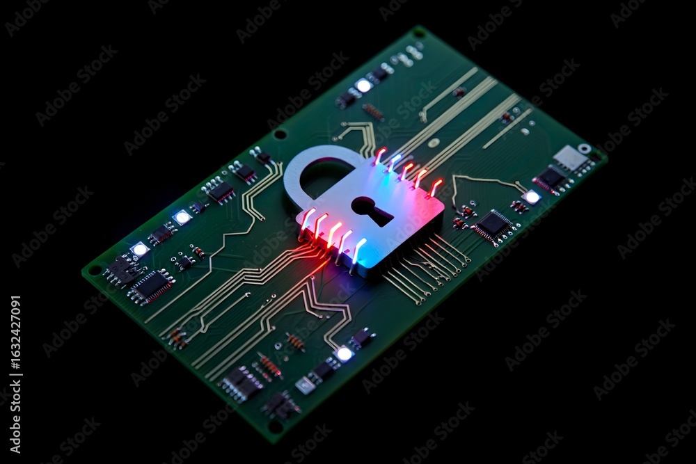 Poster cyber security concept with padlock on circuit board for data protection