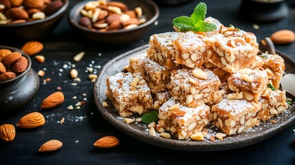 Delicious burfi served on a plate alongside assorted nuts and garnished with mint for a festive treat