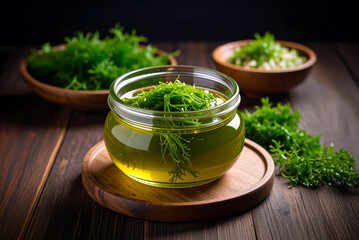 Algae cooking oil in a low glass container or jar on a wooden kitchen table